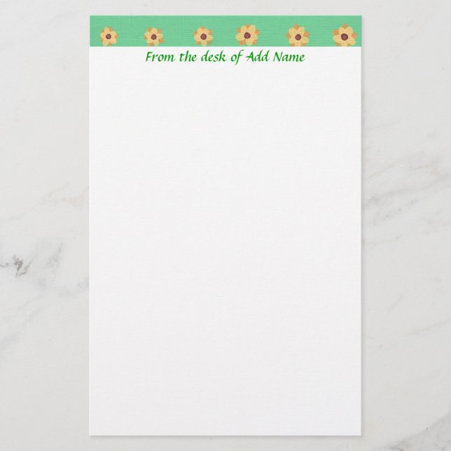 Yellow Daisy Flower Pattern Light Green Stationery (Front)