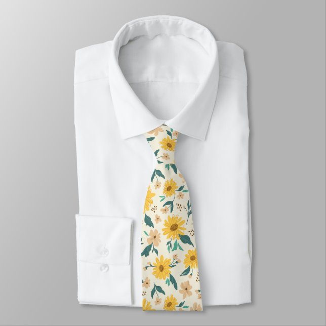 Yellow Daisy Flower Pattern Tie (Tied)