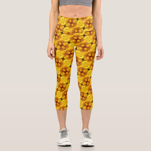 Yellow Daisy Flower Petals And Centre Pattern      Capri Leggings