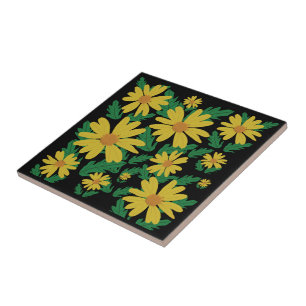 Yellow daisy flowers with green leaves ceramic ti tile