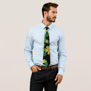 Yellow daisy flowers with green leaves  neck tie