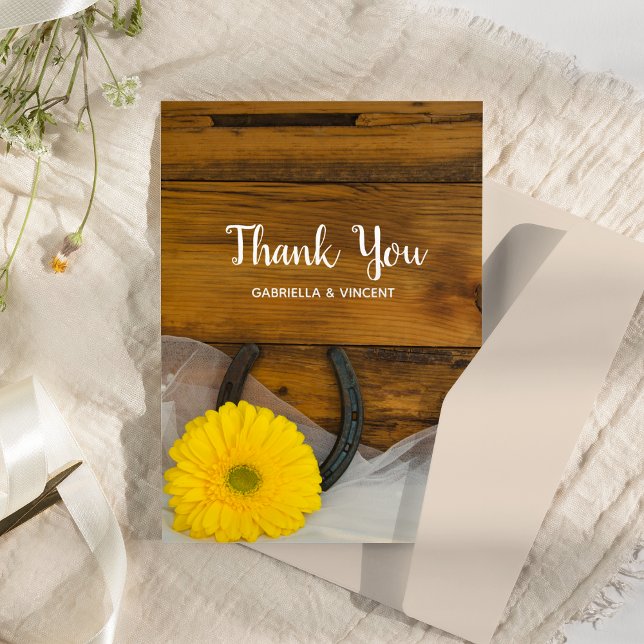 Yellow Daisy Horseshoe Western Wedding Thank You Card (Creator Uploaded)