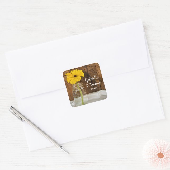 Yellow Daisy in Mason Jar Country Wedding Square Sticker (Envelope)