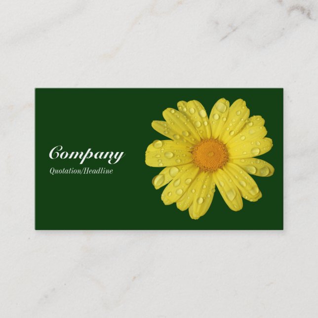 Yellow Daisy in the Rain - Dark Green Business Card (Front)
