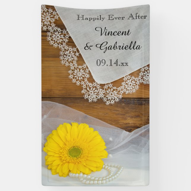 Yellow Daisy, Lace and Barn Wood Country Wedding Banner (Vertical)