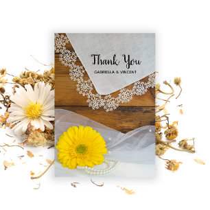 Yellow Daisy Lace Country Barn Wedding Thank You Card