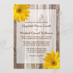 Yellow Daisy Rustic Barn Wood Wedding Invitations