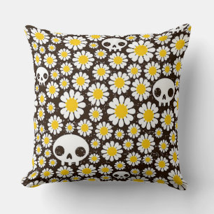 Yellow Daisy Skulls Throw Pillow