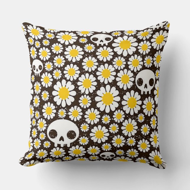 Yellow Daisy Skulls Throw Pillow (Front)