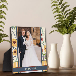 Yellow Daisy Stripe Photo Customized Names Black Plaque