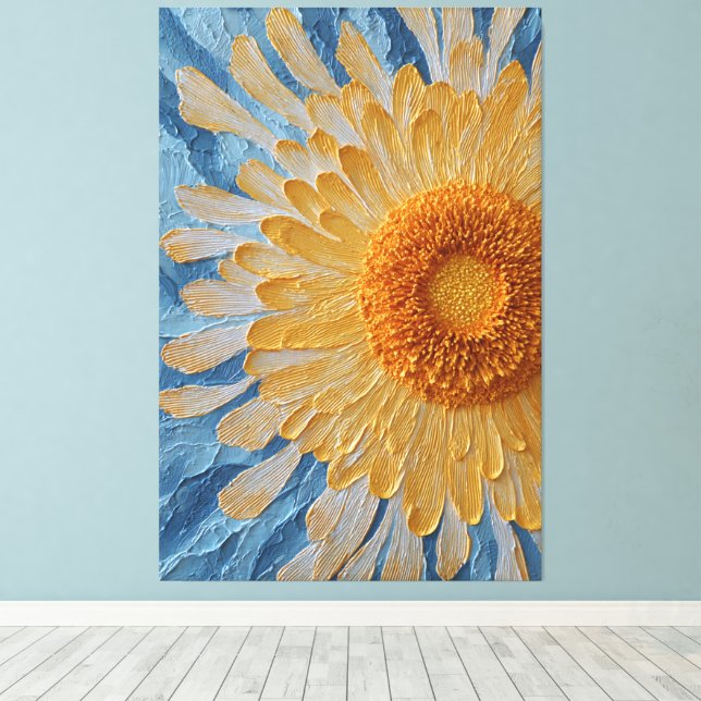 Yellow Daisy with Blue Background Textured  Canvas Print (Insitu(Wood Floor))