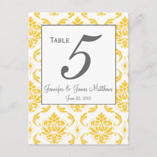 Yellow Damask Grey Wedding Table Number Cards