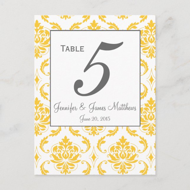 Yellow Damask Grey Wedding Table Number Cards (Front)