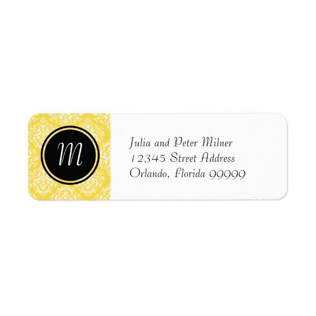 Yellow Damask & Monogram-Return Address Label (Front)