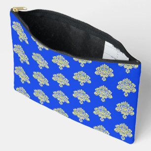 Yellow damask on blue accessory pouch