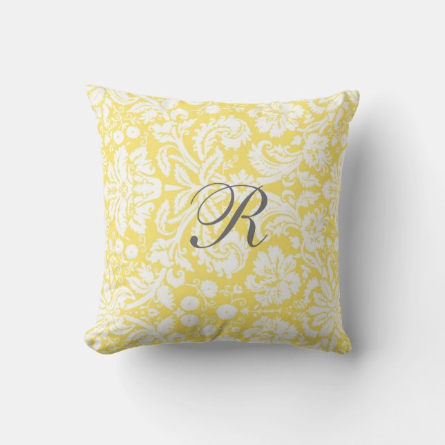 Yellow Damask Pattern Monogram Pillow (Front)