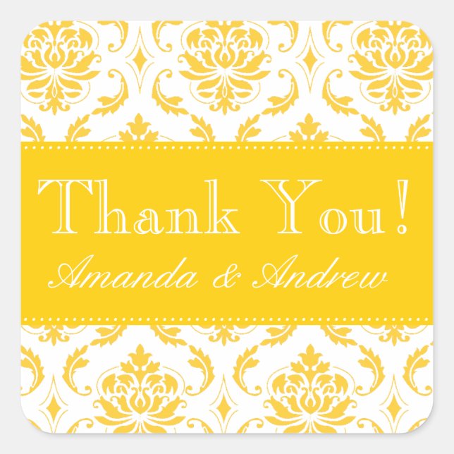 Yellow Damask Personalized Wedding Thank You Square Sticker (Front)