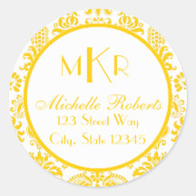 Yellow Damask Round Return Address Label