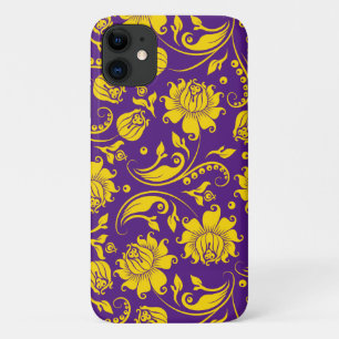 Yellow damasks on purple iPhone 11 case