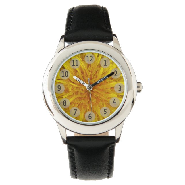 Yellow Dandelion Flower Black Digits on any Colour Watch (Front)