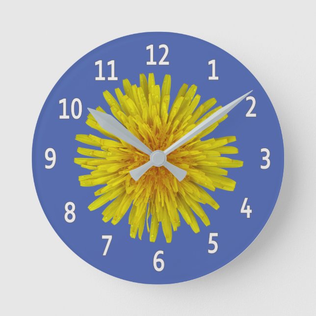 Yellow Dandelion Flower White Digits on any Colour Round Clock (Front)