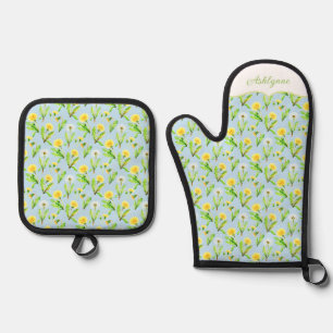 Yellow Dandelion Watercolor Floral Pattern Name  Oven Mitt & Pot Holder Set