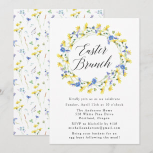 Yellow Dandelions and Blue Floral Easter Brunch Invitation