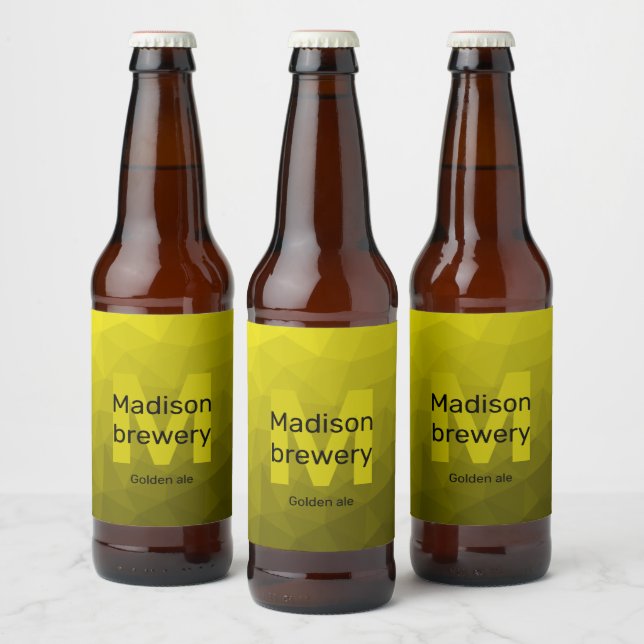 Yellow dark ombre geometric mesh pattern Monogram Beer Bottle Label (Bottles)