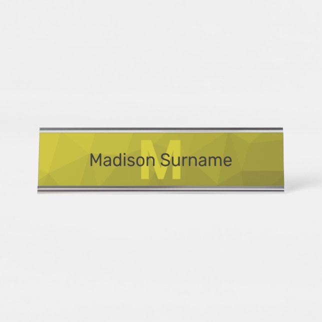 Yellow dark ombre geometric mesh pattern Monogram Desk Name Plate (Front)