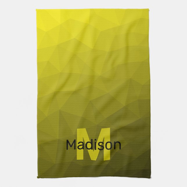 Yellow dark ombre geometric mesh pattern Monogram Kitchen Towel (Vertical)