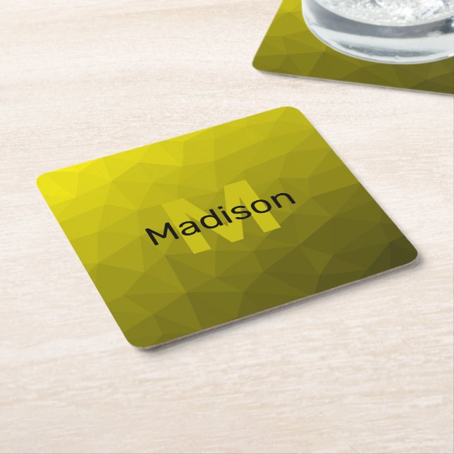 Yellow dark ombre geometric mesh pattern Monogram Square Paper Coaster (Angled)