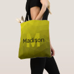 Yellow dark ombre geometric mesh pattern Monogram Tote Bag<br><div class="desc">Yellow dark ombre geometric mesh pattern Monogram Tote Bag. Personalize with your custom initial and name. Yellow gold ombre gradient geometric mesh pattern. Triangle geometric mesh with light dark yellow gold black ombre gradient.</div>