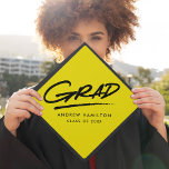 Yellow | Dashed Grad Graduation Cap Topper<br><div class="desc">Personalized graduation cap topper featuring "Grad" in black hand-lettering with a dashed underline with a bright yellow background or colour of your choice. Personalize the custom graduation cap topper by adding the graduate's name and graduation year.</div>