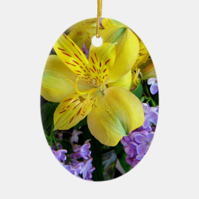 Yellow Daylilies & Purple Lilac Flowers Ceramic Ornament (Front)