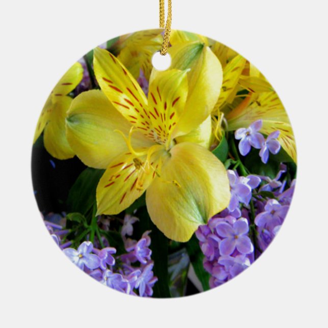 Yellow Daylilies & Purple Lilac Flowers Ceramic Ornament (Front)