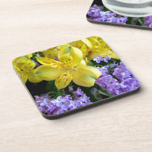 Yellow Daylilies & Purple Lilac Flowers Coaster