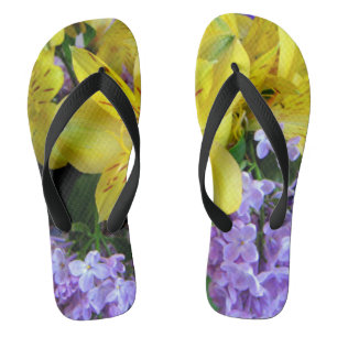 Yellow Daylilies & Purple Lilac Flowers Flip Flops