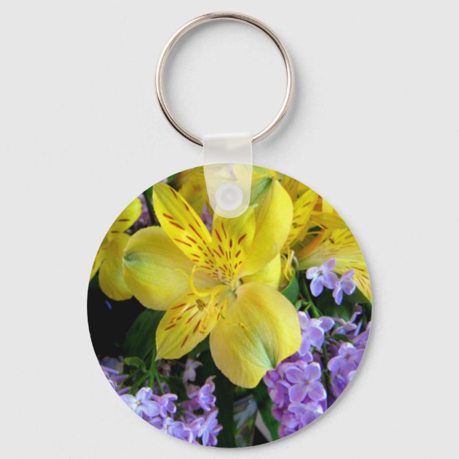 Yellow Daylilies & Purple Lilac Flowers Keychain (Front)