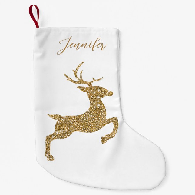 Yellow Deer Shape In Faux Glitter Look & Name Small Christmas Stocking (Front)