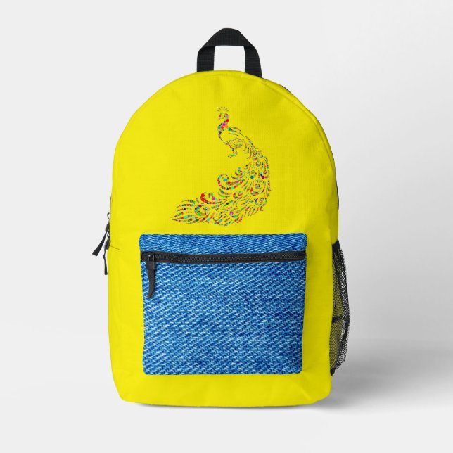 Yellow denim peacock printed backpack (Front)