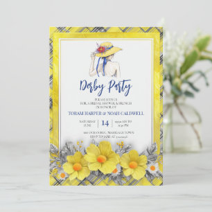 Yellow Derby Party Invitation Bridal Shower Plaid 