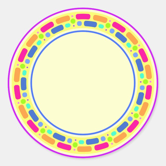 Yellow design with colourful border classic round sticker (Front)