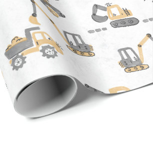 Yellow Digger Construction Pattern  Little Builder Wrapping Paper