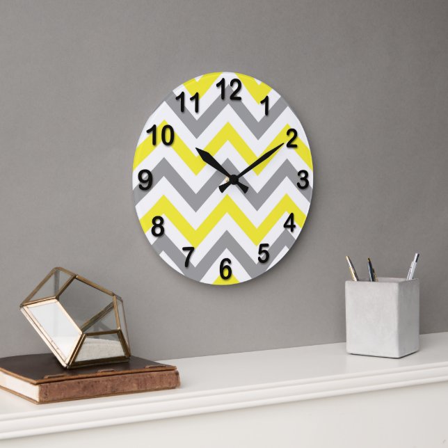 Yellow, Dk Gray Wht Large Chevron ZigZag Pattern Large Clock (Office)