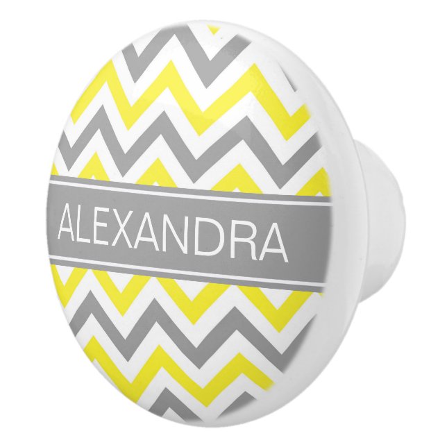 Yellow Dk Grey White LG Chevron Grey Name Monogram Ceramic Knob (Right)