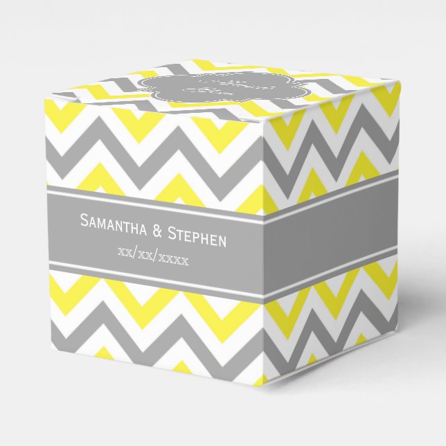 Yellow Dk Grey White LG Chevron Grey Name Monogram Favor Box (Front Side)