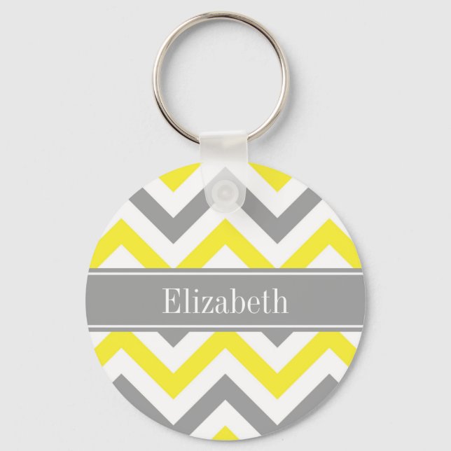 Yellow Dk Grey White LG Chevron Grey Name Monogram Keychain (Front)