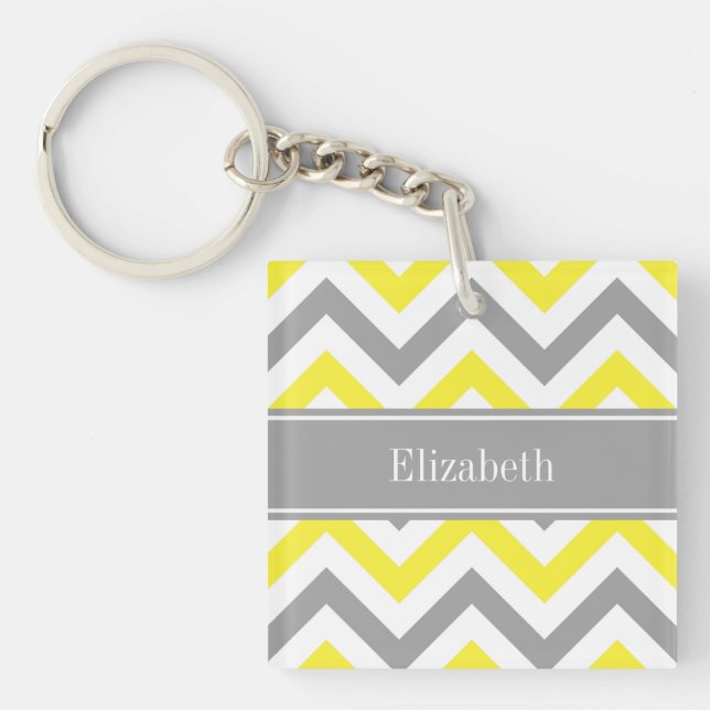Yellow Dk Grey White LG Chevron Grey Name Monogram Keychain (Front)