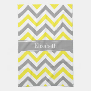 Yellow Dk Grey White LG Chevron Grey Name Monogram Kitchen Towel