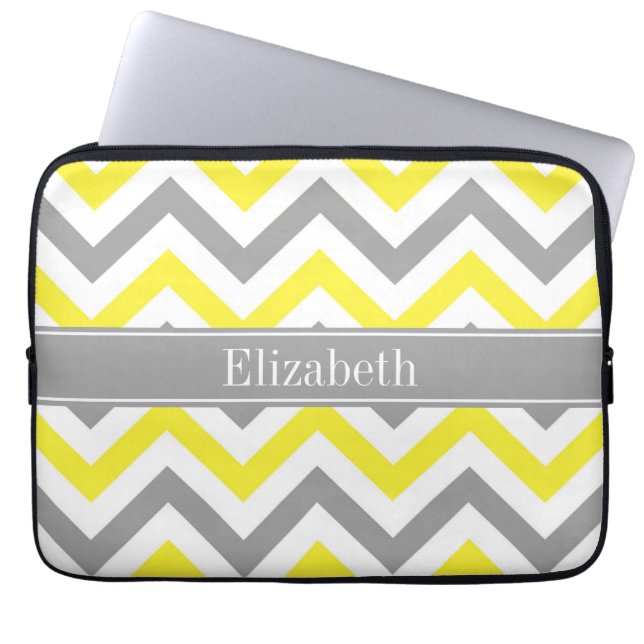 Yellow Dk Grey White LG Chevron Grey Name Monogram Laptop Sleeve (Front)